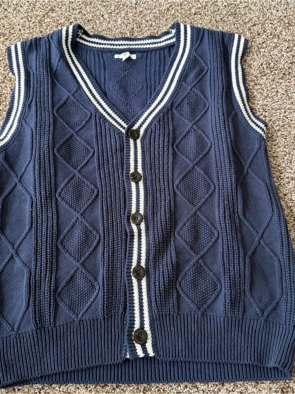 BP Nordstrom Preppy Navy Cable Knit Vest Tipped V-Neck Button Cardigan Vest S
